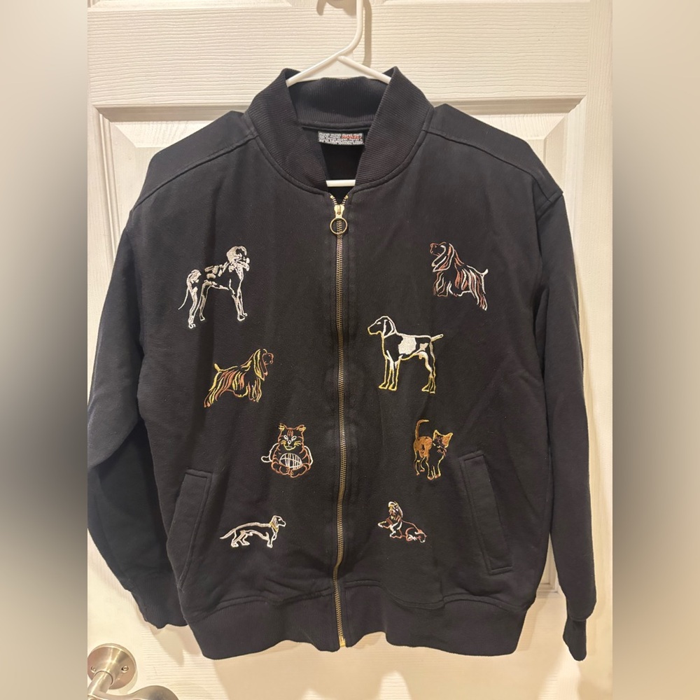 Vintage Mureli‎ Black Jacket with Dog/Cat  Embroidery